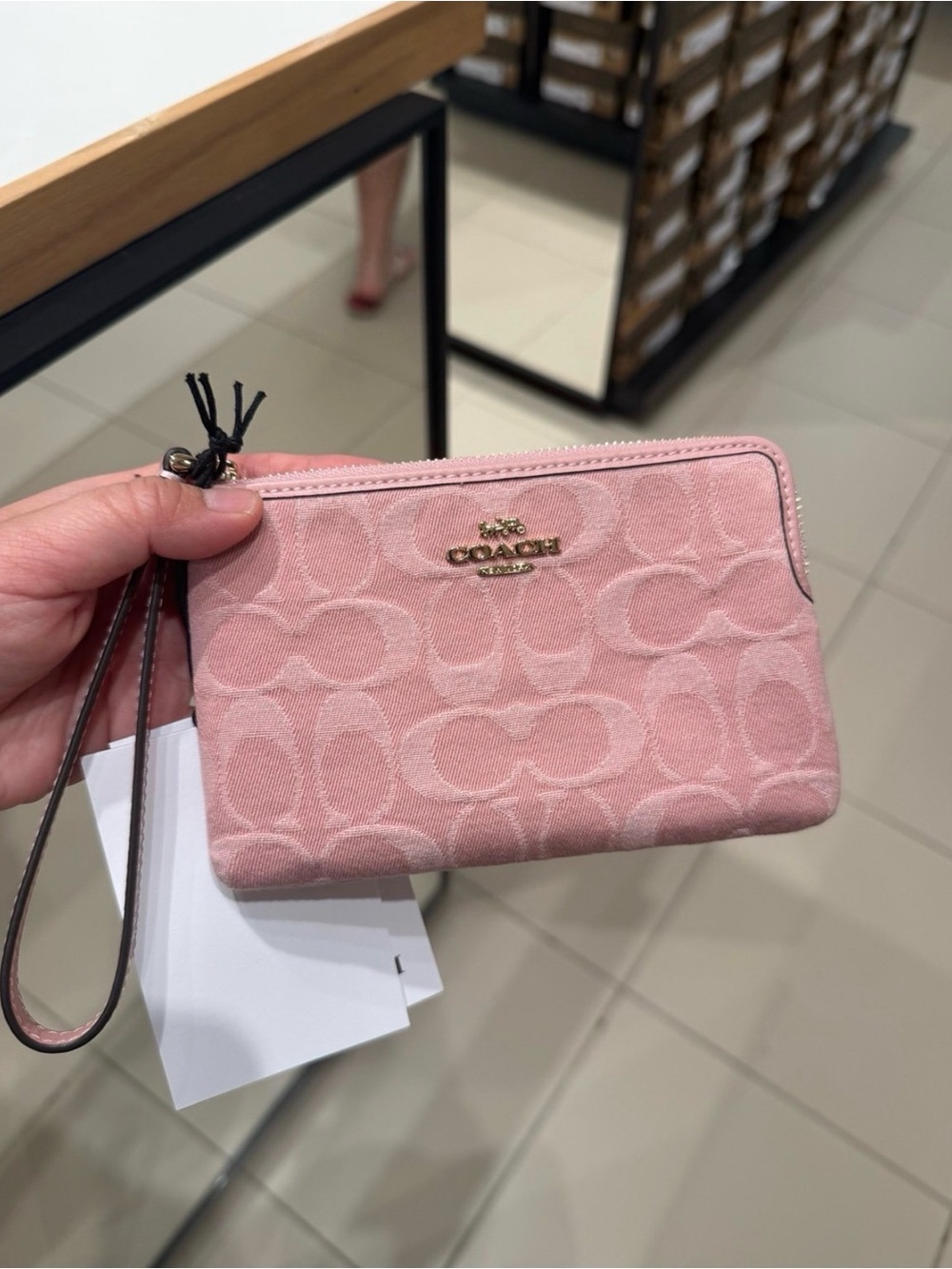 Coach Corner Zip Wristlet In Signature Denim Gold/Light Pink CDF27 NWT